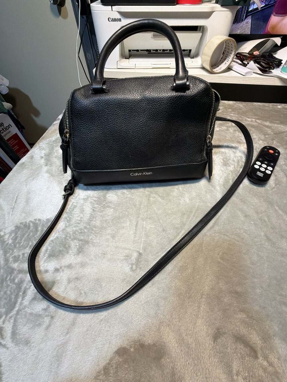 Calvin Klein Jett Top Zip Black Silver Top Handle Crossbody Satchel Bag
